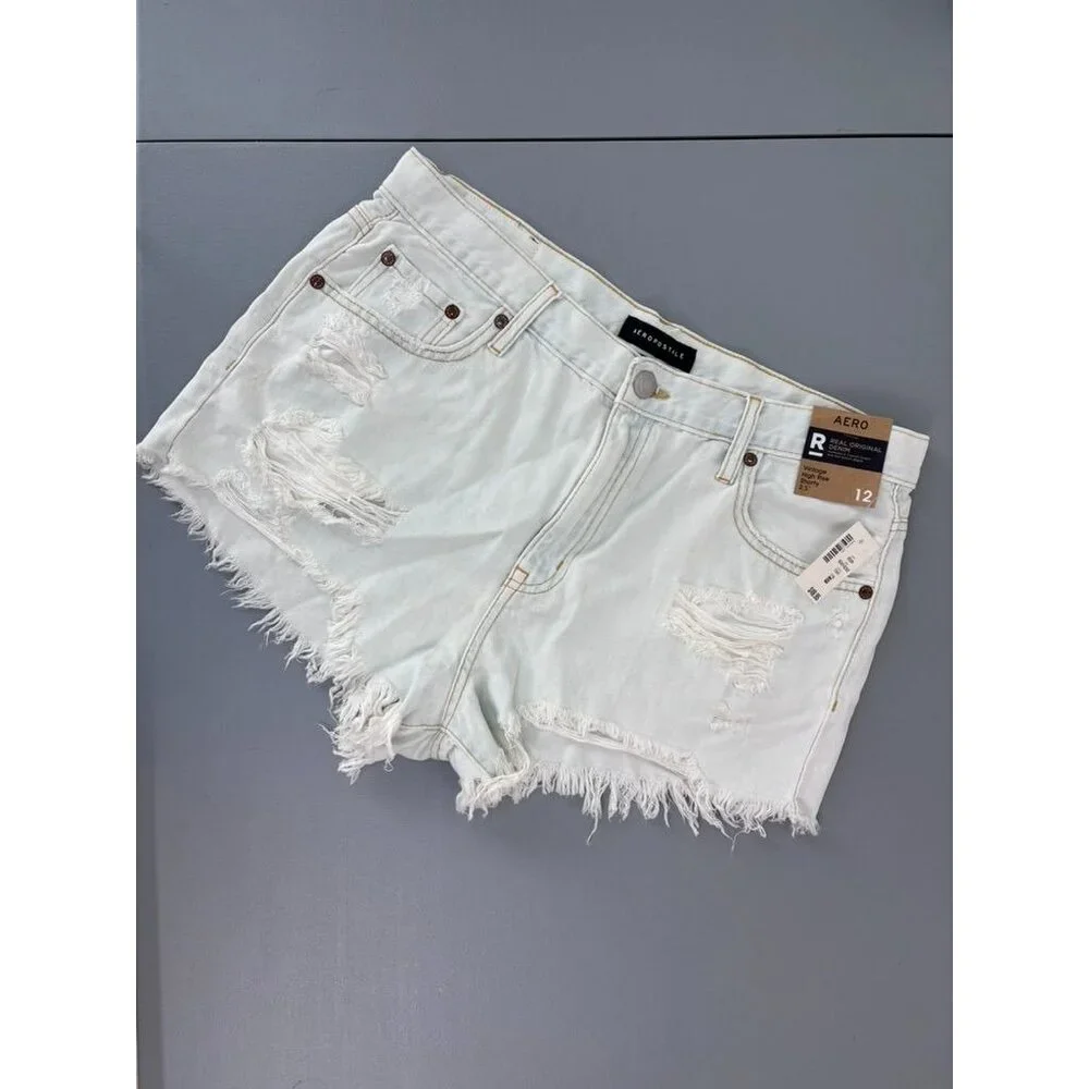 Aero women's 12 light wash vintage high rise shorties denim‎ jean shorts NWT